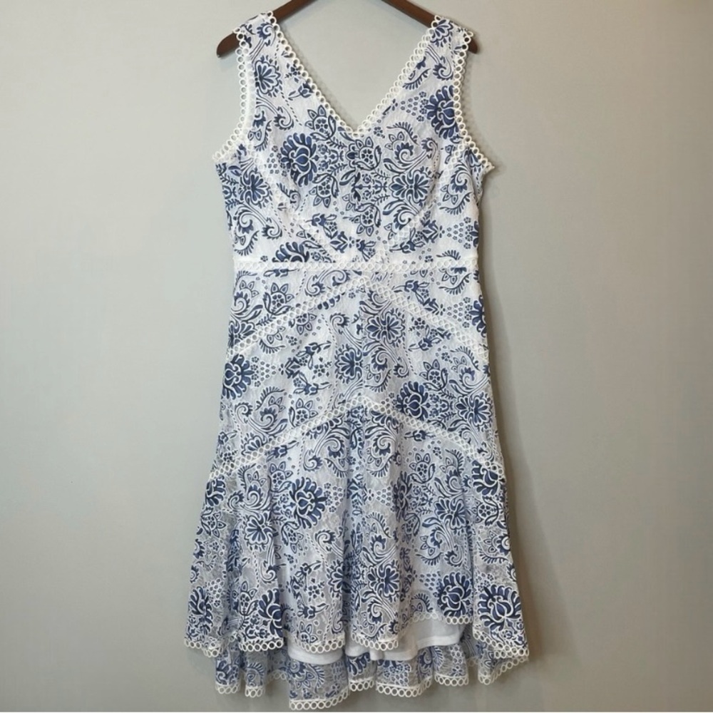 Taylor Blue & White Floral Lace-Trim Midi Dress